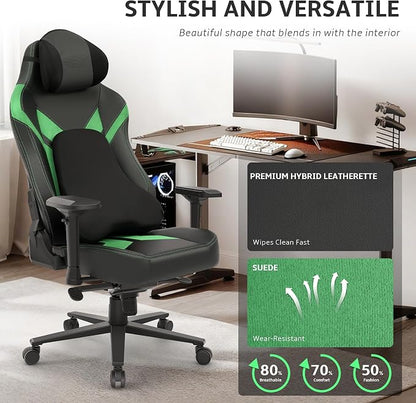 Ergonomic Gaming Chair, Wyrdforging Computer Desk Chairs, 4D Armrests, High Back Office Chair With Headrest & Lumbar Pillow, Tilt Rocker Recliner, Heavy-Duty Base, Black PU Leather & Green Suede Combo