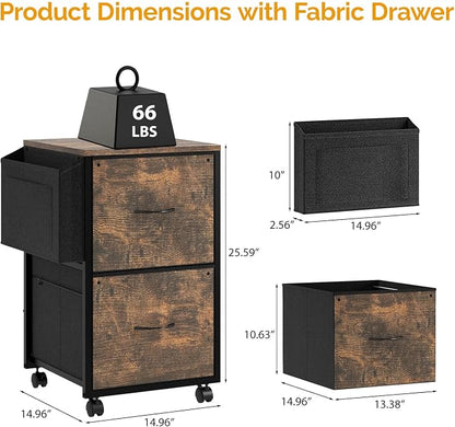 VINGLI 2 Drawer File Cabinet with Side Bag, Rolling Mobile Under Desk with Wheels, Fabric Drawers Printer Stand for Home Office, Fits Letter Size, Rustic Brown