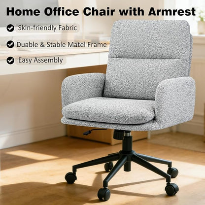 Comfortable Ergonomic Office Chair, Upholstered Desk Chair with Double-Layer Cushioning, Adjustable Height Swivel Task Chair with Padded Armrests, Rolling Wheels and Metal Base, Light Grey