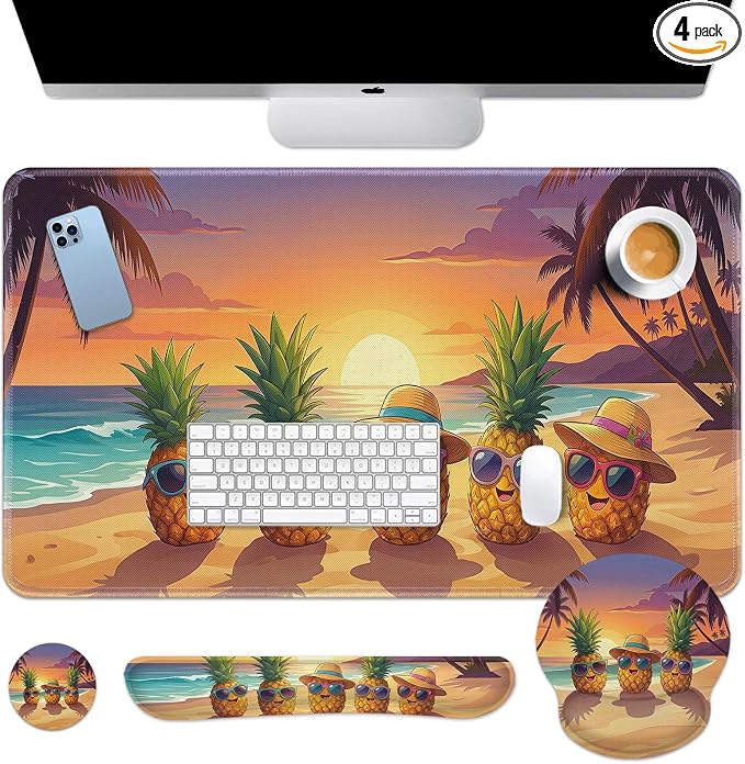 Britimes Summer Pineapple Keyboard Mouse Pad Set Funny Tropical Coastal 4in1 Large Mousepad+Keyboard Wrist Rest+Mouse Wrist Rest+Coaster Ergonomic Design for Home Office Computer 35.4x15.7 inches