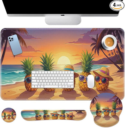 Britimes Summer Pineapple Keyboard Mouse Pad Set Funny Tropical Coastal 4in1 Large Mousepad+Keyboard Wrist Rest+Mouse Wrist Rest+Coaster Ergonomic Design for Home Office Computer 35.4x15.7 inches