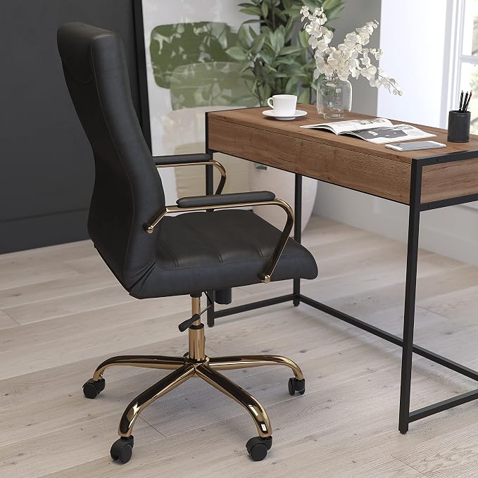 Merrick Lane Milano Contemporary High-Back Black Faux Leather Home Office Chair with Padded Gold Arms