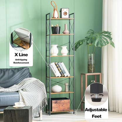 HCHQHS Narrow Bookshelf, Adjustable 6-Tier Industrial Bookcase, Rustic Open Book Shelf, Freestanding Tall Bookshelves with Metal Frame