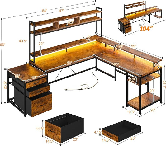 EnHomee 64 x 60 Inch Reversible L Shaped Gaming Desk with Shelves, 3 Drawers, Power Outlet & LED Lights, Two Person Corner Computer Desk with Monitor Stand for Home Office, Bedroom, Gaming Room