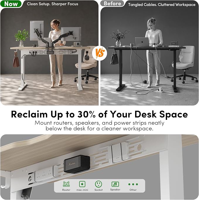 FEZIBO Electric Standing Desk with L-Shaped Crossbar & Cable Management System, 55 x 24 Inches Sit Stand up Desk, Adjustable Height Standing Desk for Home Office, Light Walnut