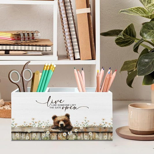 DILSJ Bear Inspirational Pen Pencil Holder Organizer for Desk, Bear Gifts for Women Men, Live Like Someone Left the Gate Open Wooden Box Signs for Home Office Desk Tabletop Decoration