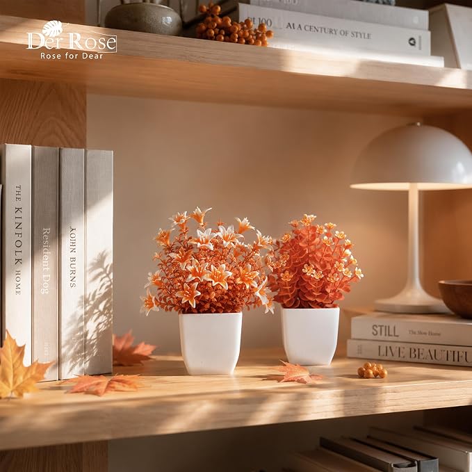 Der Rose 4 Pack Fall Fake Flowers Mums Artificial Plants in Pots Home Decor | Autumn-color potted flowers, warm seasonal faux blooms, for bathroom desk shelf office wedding and fall farmhouse home decor