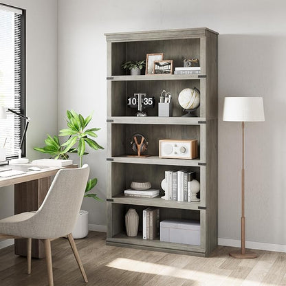GarveeHome 5 Tier Farmhouse Bookcase, 67.4" Tall Book Shelf with Storage, Wooden Bookshelves 5 Shelf Display Shelves for Home Office(67.4" H x 31.5" W x 12.8" D) (Grey, 67.4" H x 31.5" W x 12.8" D)