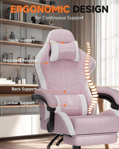 GTPLAYER Gaming Chair with Footrest, Computer Gaming Chair for Adults, Height Adjustable Gamer Chair with 90-155° Recline & Removable Headrest Lumbar Support,Linen Fabric Pink