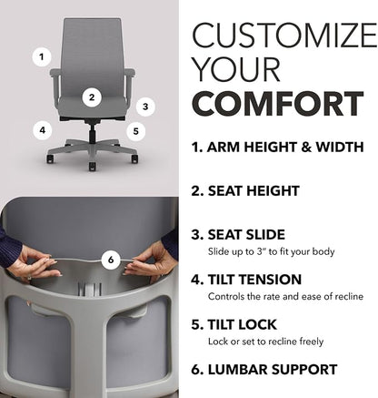 HON Ignition 2.0 Mid‑Back Ergonomic Office Chair, Mesh Task Seating with Lumbar Support, Advanced Synchro‑Tilt, Height and Width Adjustable Arms, Titanium Frame, Frost