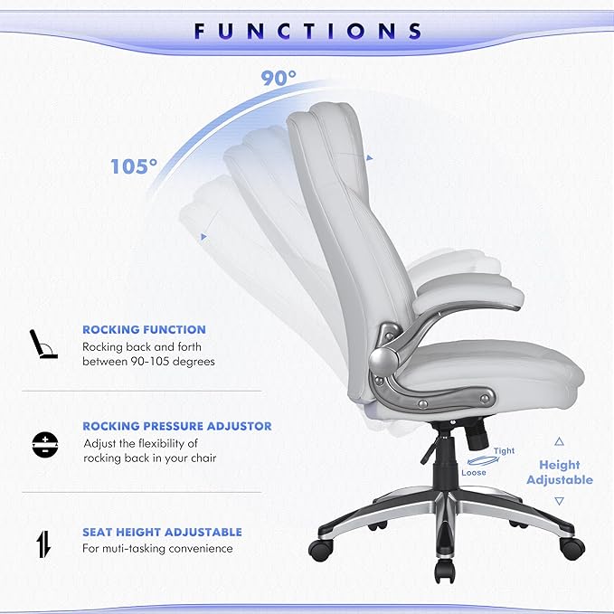 COLAMY Office Chair Ergonomic Desk Chair-Executive Office Chair with Upgraded Caters, High Back Computer Chair Flip-up Arms, Strong Metal Base, Swivel Leather Chair for Work/Study, 300lbs, White