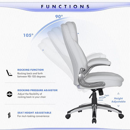 COLAMY Office Chair Ergonomic Desk Chair-Executive Office Chair with Upgraded Caters, High Back Computer Chair Flip-up Arms, Strong Metal Base, Swivel Leather Chair for Work/Study, 300lbs, White