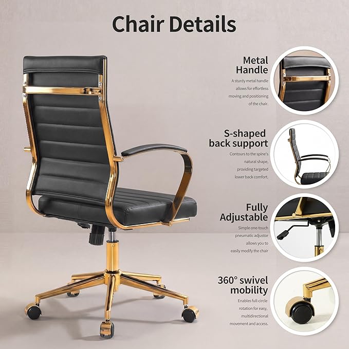 Okeysen Gold Office Desk Chair, Ergonomic Leather Modern Conference Room Chairs, Executive Ribbed Height Adjustable Swivel Rolling Golden Chair for Home Office.