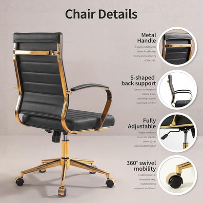 Okeysen Gold Office Desk Chair, Ergonomic Leather Modern Conference Room Chairs, Executive Ribbed Height Adjustable Swivel Rolling Golden Chair for Home Office.
