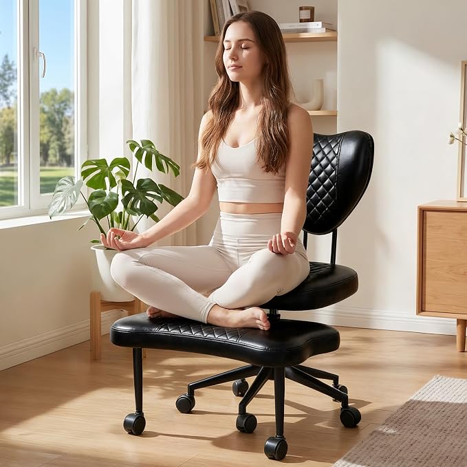 Cross Legged Office Chair with Wheels, 360 Swivel Height-Adjustable Meditation Chair with Lumbar Support, PU Leather, Black