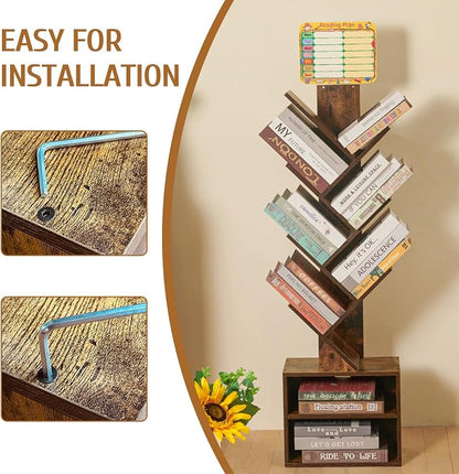 7 Tier Tree Book shelf, Small Bookcase with Reading Planner and Activity Panel, Modern Floor Standing Corner Tall Narrow Storage Cabinet Bookshelves for Home Office Bedroom Living Room (Rustic Brown)
