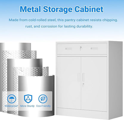 BESFUR Metal Storage Cabinet with Doors and Shelves, 36" H Locking Storage Cabinet with 1 Drawers, Reinforced Heavy Duty Metal Cabinets for Garage, Office, Home(White)