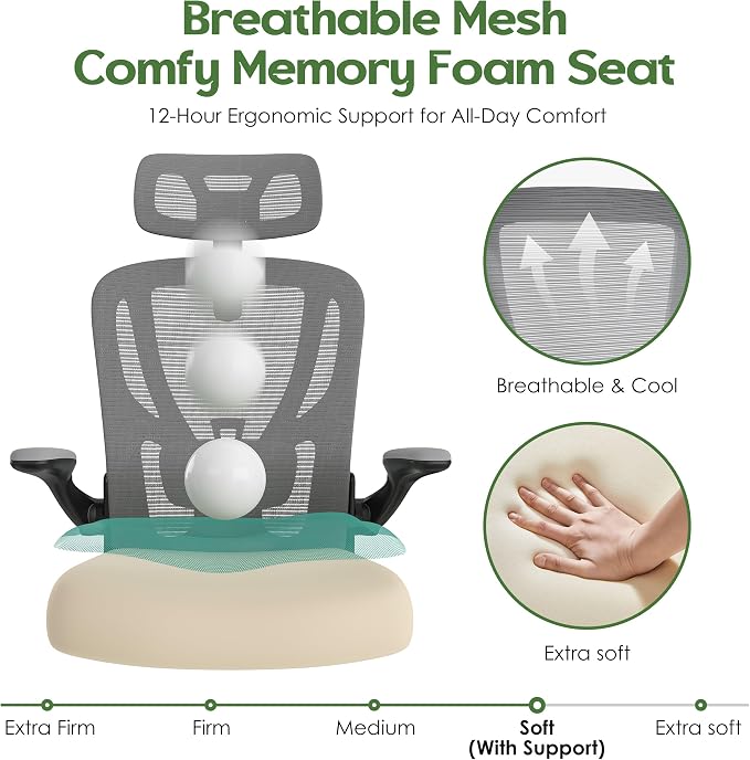 Office Chair Ergonomic Desk Chair - Mesh High Back Office Chair with Headrests Wheels Lumbar Support Home Desk Office Chairs Flip up Armrest Executive Rolling Computer Chair Black Gray 4 Pack