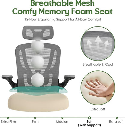 Office Chair Ergonomic Desk Chair - Mesh High Back Office Chair with Headrests Wheels Lumbar Support Home Desk Office Chairs Flip up Armrest Executive Rolling Computer Chair Black Gray 2 Pack