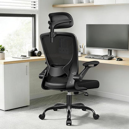 Ergonomic Office Desk Chair, Computer Desk Chair with Adjustable Lumbar Support, FILP-up Arms, Breathable Mesh Home Office Chairs Comfortable for Long Hours, Black