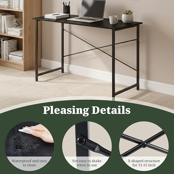Computer Desk 48 Inch, Simple Home Office Desk Study Writing Table, Sturdy Metal Frame, Scratch-Resistant MDF Desktop for Bedroom Dorm Workspace, Black