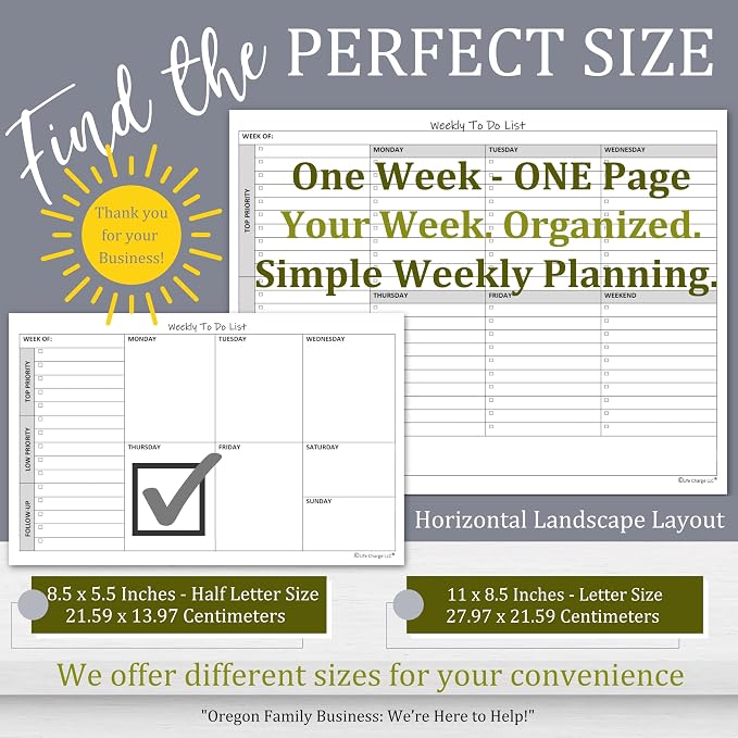 Life Charge Weekly Planner Notepad for Work & Home, Weekly To Do List Pad with Daily Checklist, Priority & Notes, 60 Pages, 8.5 x 11 Letter, Landscape