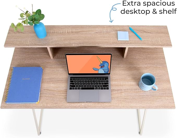 Stand Steady Joy Desk | Modern Stand Up Workstation with Storage Cubbies | Pretty Standing Desk with Large Desktop | Multifunctional Table for Home & Office (Maple / 48 x 42)