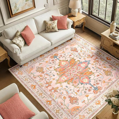 RELEANY Area Rugs Square 6ft Washable Non-Slip, Floral Vintage Distress Medallion Carpet for Living Room Bedroom Dining Room, Light Pink Colorful