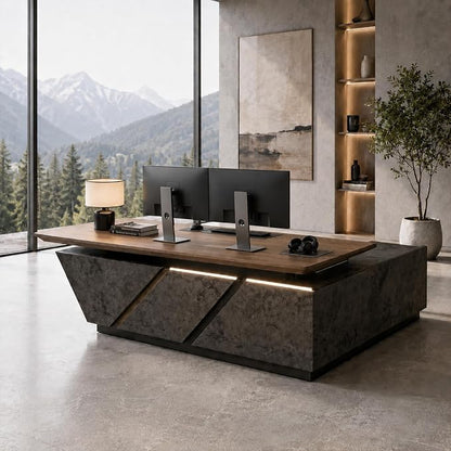 SAINTCY 86.6in Adjustable Executive Desk - Luxury L Shaped Desk with Drawers, Large Table with File Cabinets, Executive Office Desks with LED Light Strip Home Office Desk for Professionals