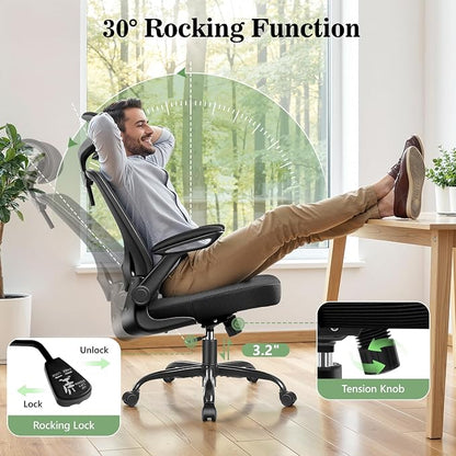 Ergonomic Office Desk Chair, Computer Desk Chair with Adjustable Lumbar Support, FILP-up Arms, Breathable Mesh Home Office Chairs Comfortable for Long Hours, Black