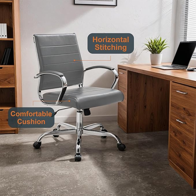 LeisureMod Benmar Leather Office Desk Chair, Mid-Back Ergonomic Swivel Chair with Lumbar Support, Adjustable Height, Tilt Lock, Cushioned Seat & Back, Home Office Task Chair (Grey, Set of 2)