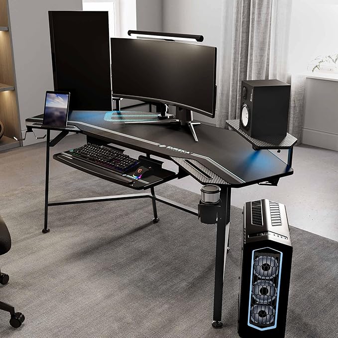 EUREKA ERGONOMIC Aero 72 Inch Gaming Desk with Keyboard Tray, Large Computer Desk Led Lights, Wing-Shaped Monitor Stand Dual Headphone Hanger Cup Holder for Studio,Streamer,Live,Black