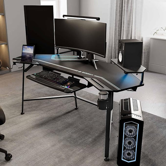 EUREKA ERGONOMIC Aero 72 Inch Gaming Desk with Keyboard Tray, Large Computer Desk Led Lights, Wing-Shaped Monitor Stand Dual Headphone Hanger Cup Holder for Studio,Streamer,Live,Black
