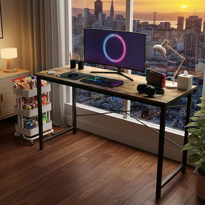 OLIXIS 40 Inch Computer Office Desk for Small Spaces, Writing Gaming Work Desk Modern Study Table with Storage Bag & Headphone Hook Home Bedroom, Rustic Brown