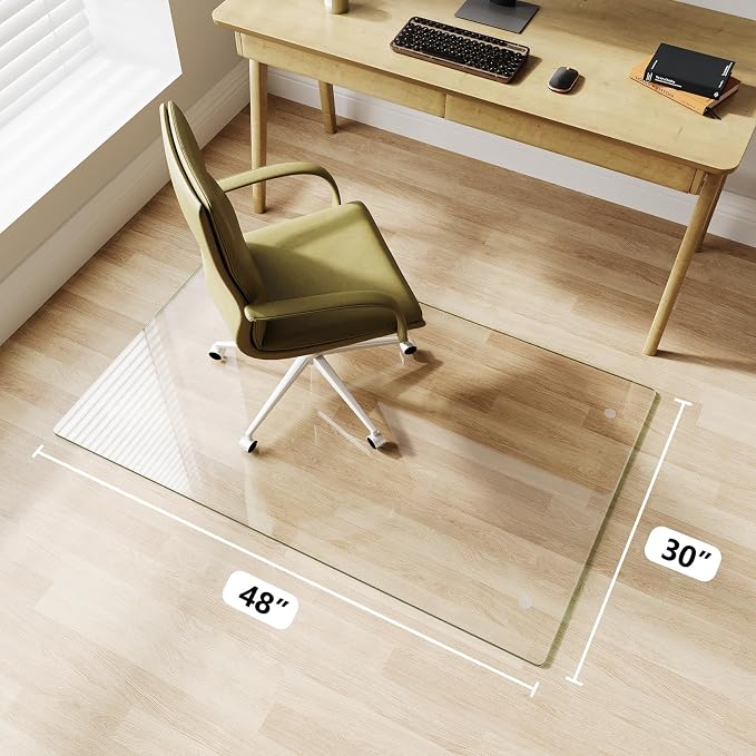 Glass Chair Mat 30" x 48" Heavy Duty Tempered Glass Office Chair Mat, Glass Floor Mat with Round Corner and Polished Edge for Smooth Glide, Carpet Floor Protector,
