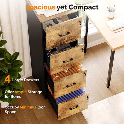 VINGLI 4 Drawer File Cabinet with Lock, Home Office Filing Organizer, for Letter Size File Folder Storage, Wood Tall Vertical Filing Cabinet, Printer Stand, Archivador (Rustic Brown)