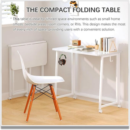 4NM 31.5" Mobile Small Folding Desk, Foldable Rolling Computer Home Office Desk, Study Writing Table for Small Space Saving Bedroom, with Wheels - All White