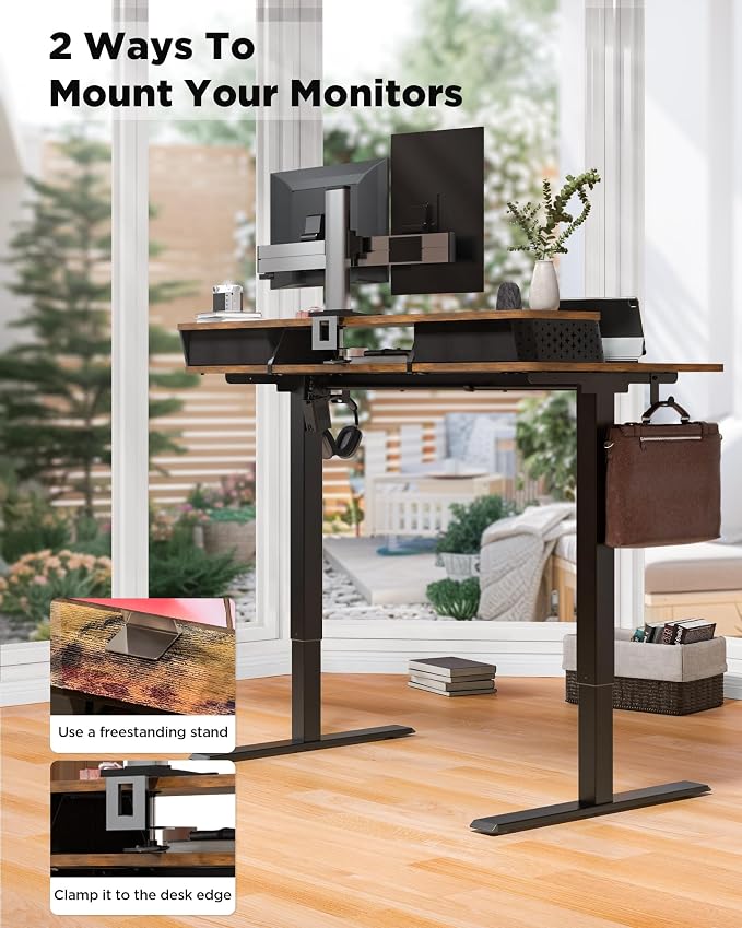 FiCiHi 40x24 Inch Standing Desk with Drawers, C-Clamp Mount Compatible, Electric Adjustable Height Computer Small Stand Up Desks, Home Office Sit Stand Table with 3 Preset Heights, Rustic Brown