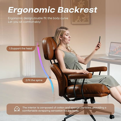 CAODOC Big and Tall Office Chair, 300LBS PU Leather Executive Office Chair Whit Lumbar Support, Managerial Home Desk Chair, Heavy Duty High Back Computer Chair(PU Leather Brown)