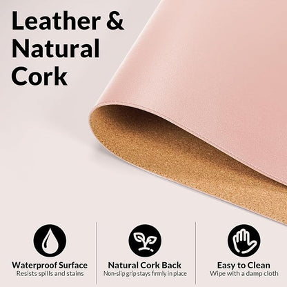 AFIING Leather Desk Pad Protector, Pink, 23.6" x 13.7" | Large Mouse Pad, Dual-Sided PU Leather ,Non-Slip, Waterproof, For Office and Home