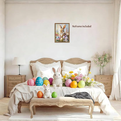 Easter Bunny Wall Art Poster, Cute Bunny with Eggs Picture Prints, Vintage Cottage Holiday Theme Canvas Artwork, Modern Farmhouse Wall Decor for Kids Room Bedroom Living Room 12x16in Unframed
