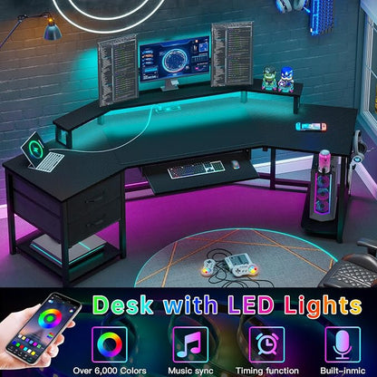 SEDETA 79" Gaming Desk, Computer Desk with 2 Fabric Drawers & LED Light, L Shaped Gaming Desk with Storage Shelf for Home Office, Carbon Fiber Black