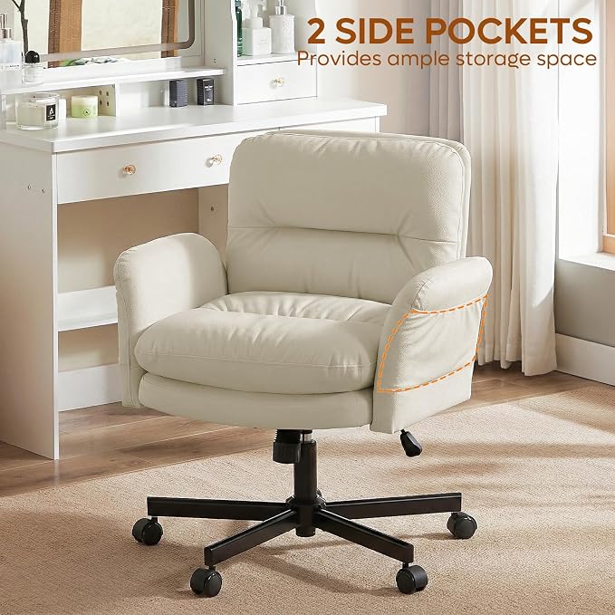 Bestier Criss Cross Office Chair with Flip-Up Armrests, Swivel Makeup Vanity Chair with Wheels & Side Pockets, Cross Legged Office Chair for Home Office, Bedroom, Beige PU Leather