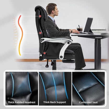 HOMREST Big and Tall Heavy Duty Office Chair 550LBS, Ergonomic Leather Executive Chair with 155° Recline, Large Back Pocket &Footrest, Computer Desk Chair for Heavy People, All Black
