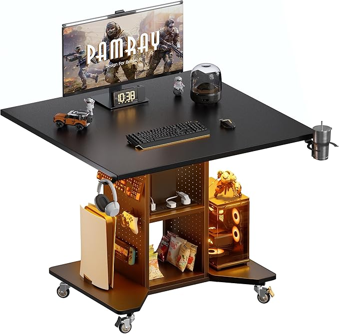 Pamray Small Gaming Desk Rolling Computer Table Balck | Movable, with Led Lights Power Outlets, with Storage Pegboard and Hook, Sturdy, Suitable for Study Gaming Bedroom Dorm
