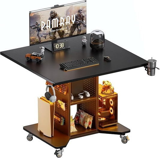 Pamray Small Gaming Desk Rolling Computer Table Balck | Movable, with Led Lights Power Outlets, with Storage Pegboard and Hook, Sturdy, Suitable for Study Gaming Bedroom Dorm