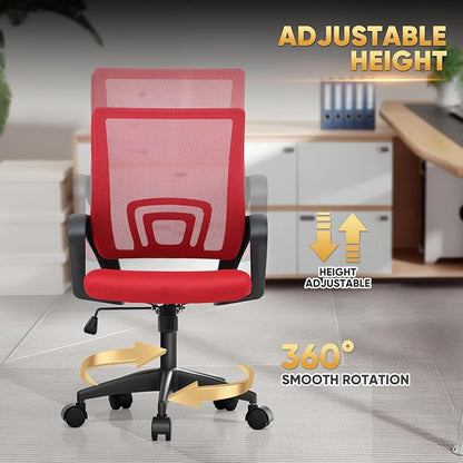 Magshion Ergonomic Office Desk Chair, Mid-Back Mesh Computer Chair, Swivel Chair with Breathable Backrest & Lumbar Support, Adjustable Height for Gaming, Work, Study, 300 Lbs Capacity, Red