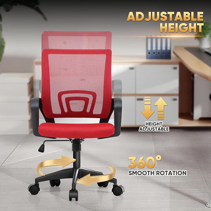 Magshion Ergonomic Office Chair 20 Pack, Mid-Back Mesh Desk Chair, Adjustable Swivel Computer Chair with Lumbar Support & Breathable Backrest for Gaming, Work, Study, 300 Lbs Capacity, Red