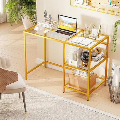 GOFLAME Computer Desk with Shelves, 42” Home Office Desk with Metal Frame, Tempered Glass Study Writing Table, Modern Simple PC Desk for Living Room Bedroom (Golden)