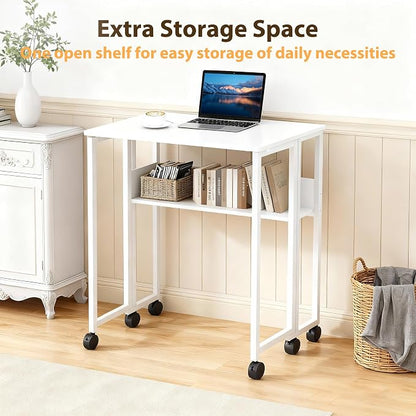Folding Desk with Storage Shelf, 31.5 Inch Foldable Computer Table with Wheels for Small Spaces,Space Saving Sofa Table for Couch, Rolling Writing Work Office Computer Desk, Easy to Fold,White